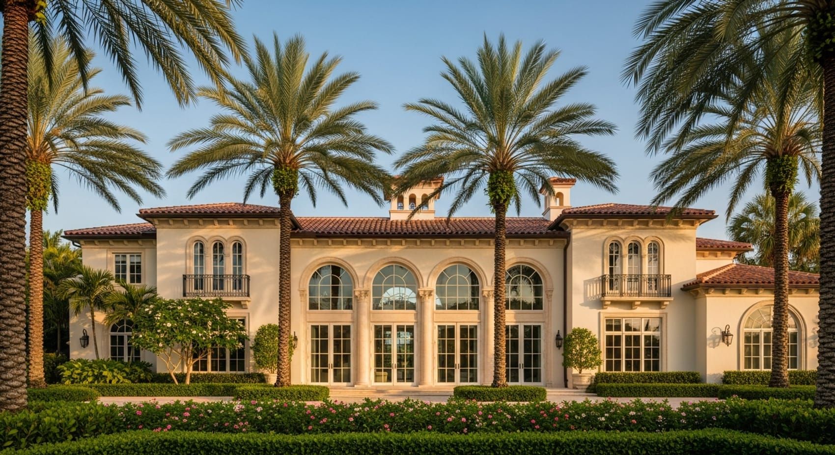 Palm Beach estate with arched impact windows at golden hour