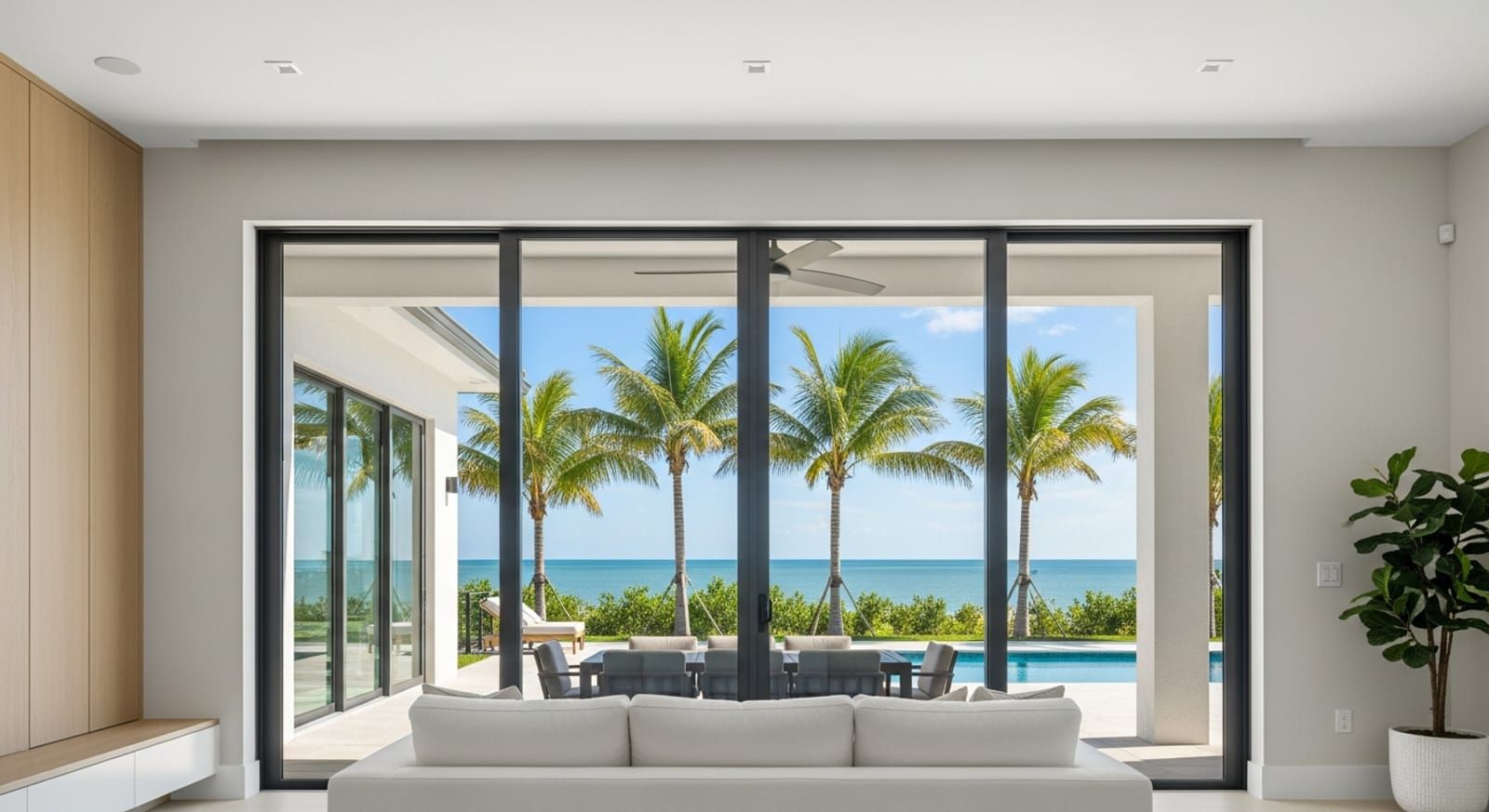 Calm, sunlit Palm Beach living room seen through impact glass
